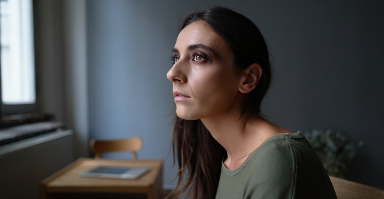 Девушка с синяками под глазами смотрит в окно
